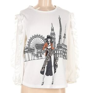 LOVE + LACE FUN IVORY TOP WITH MODEL EUROPEAN LANDMARKS RUFFLE SLEEVES MEDIUM